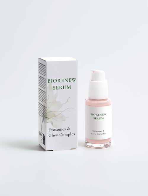 BIORENEW SERUM Exosomes & Glow Complex skincare set, featuring a white pump bottle with pale pink liquid and its matching white packaging box with green text, on a clean light gray background.