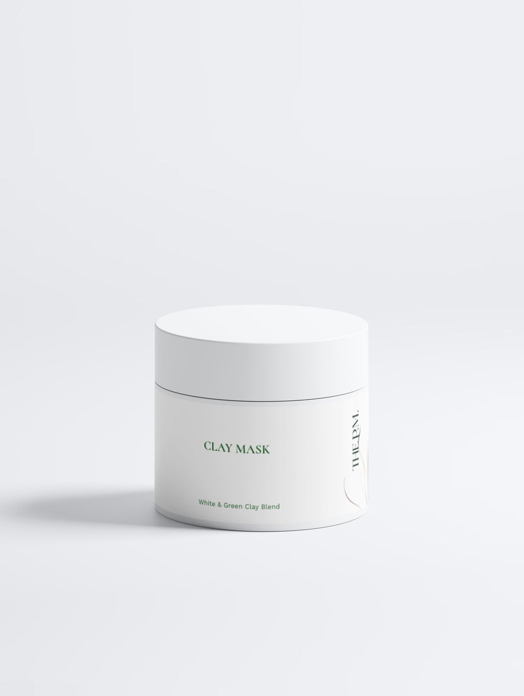 A white cosmetic jar labeled 'CLAY MASK' with a matching lid, photographed on a clean white background with a soft shadow.