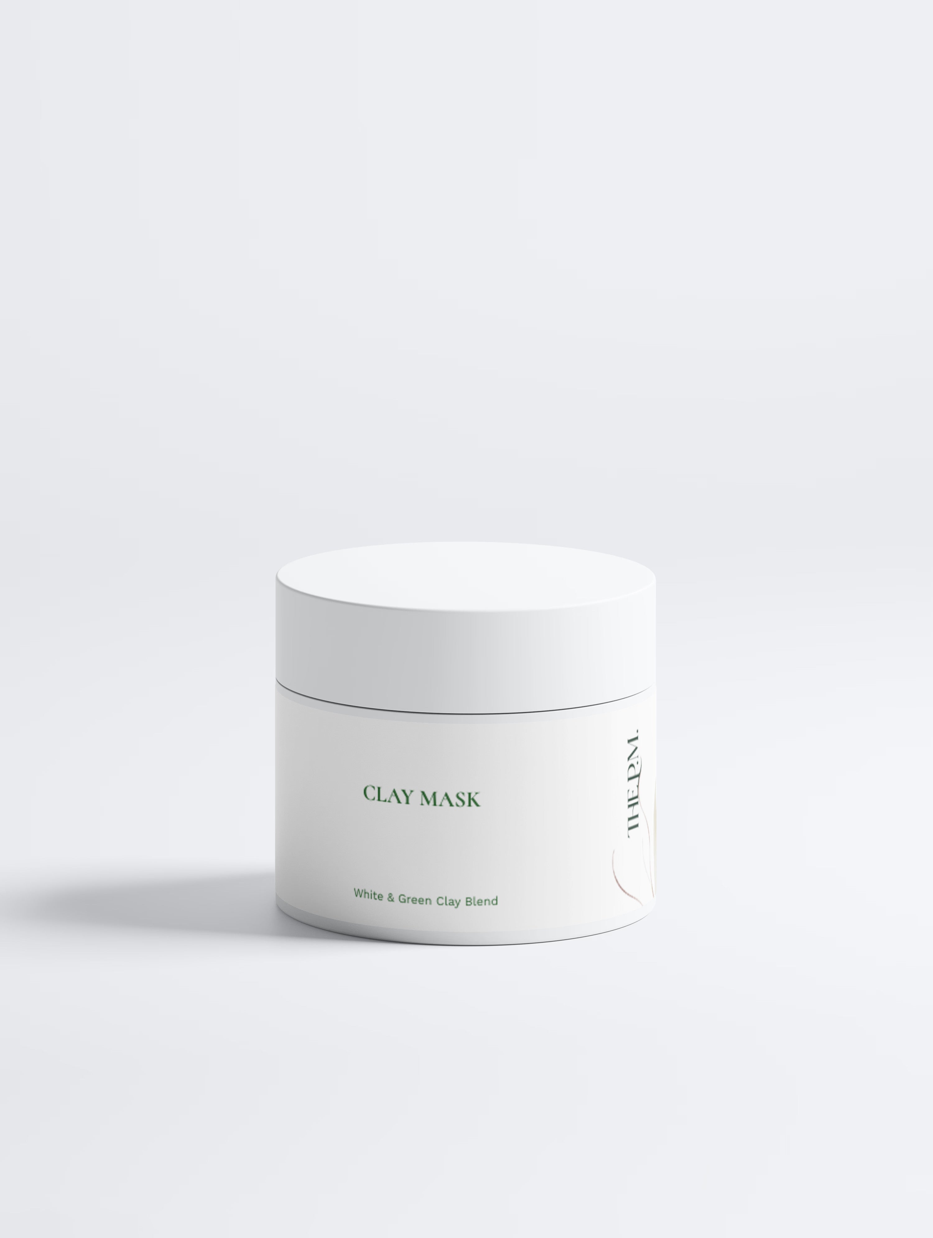 A white cosmetic jar labeled 'CLAY MASK' with a matching lid, photographed on a clean white background with a soft shadow.
