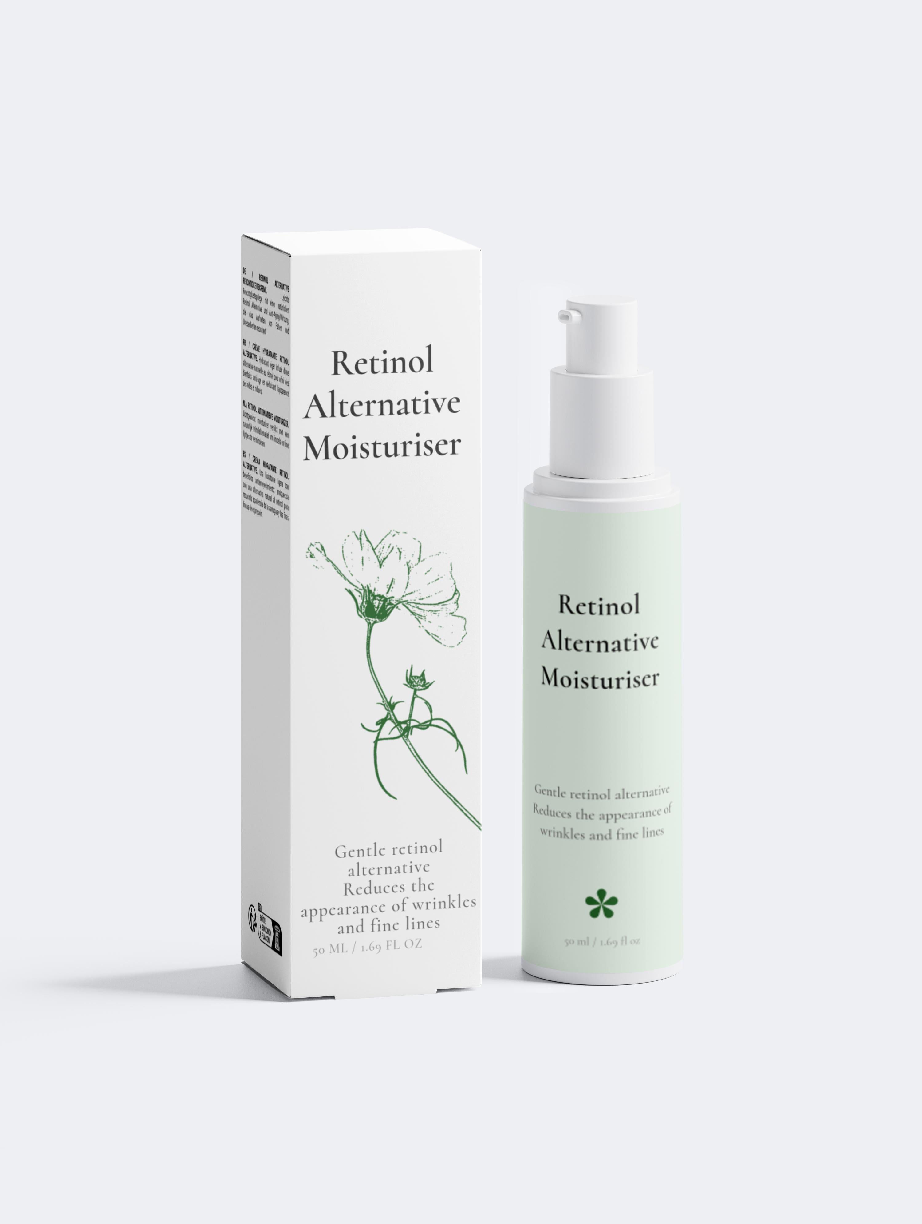 Retinol alternative moisturizer with packaging on a white background