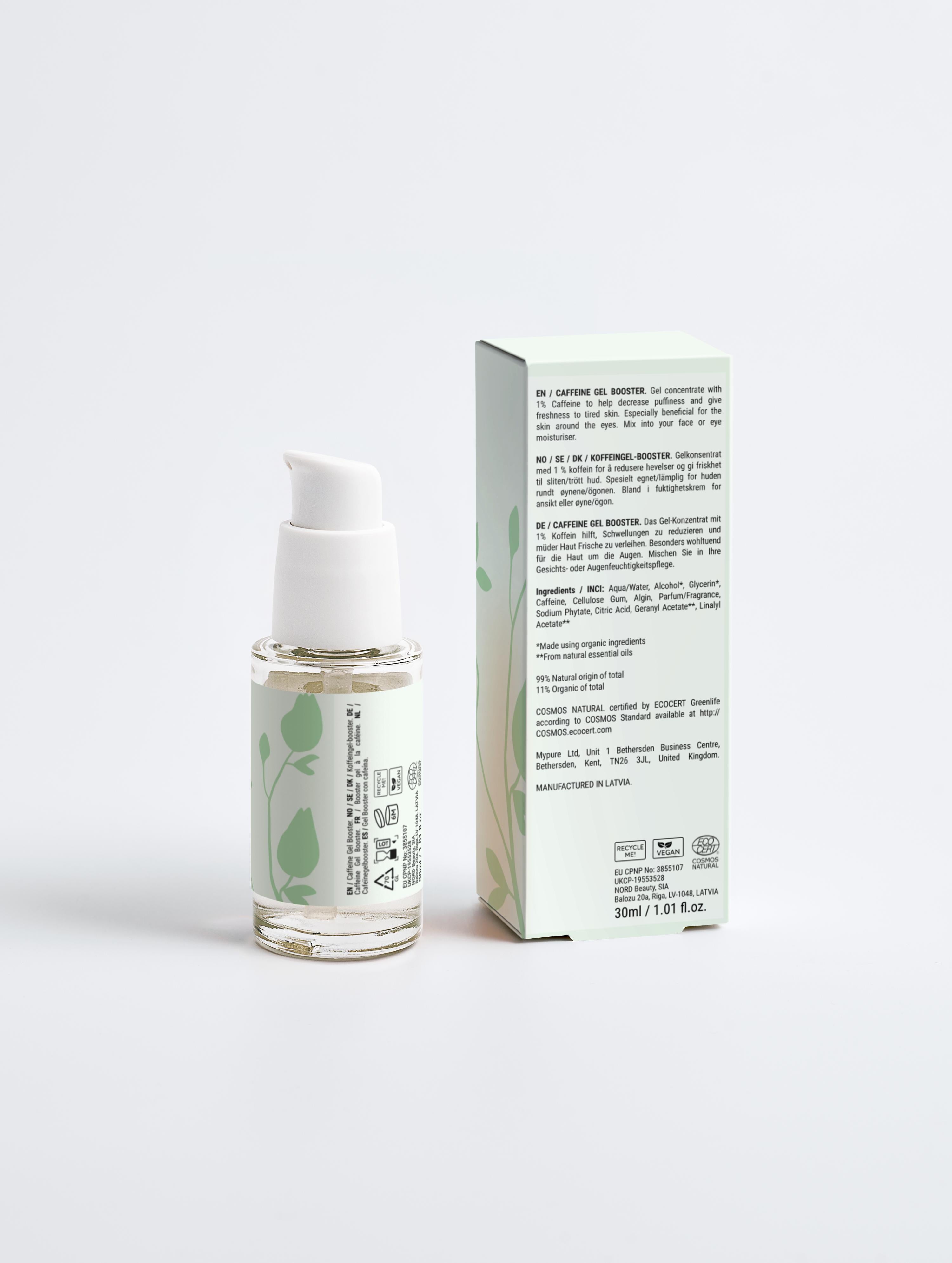 Skincare serum bottle with dropper and its packaging on a light background