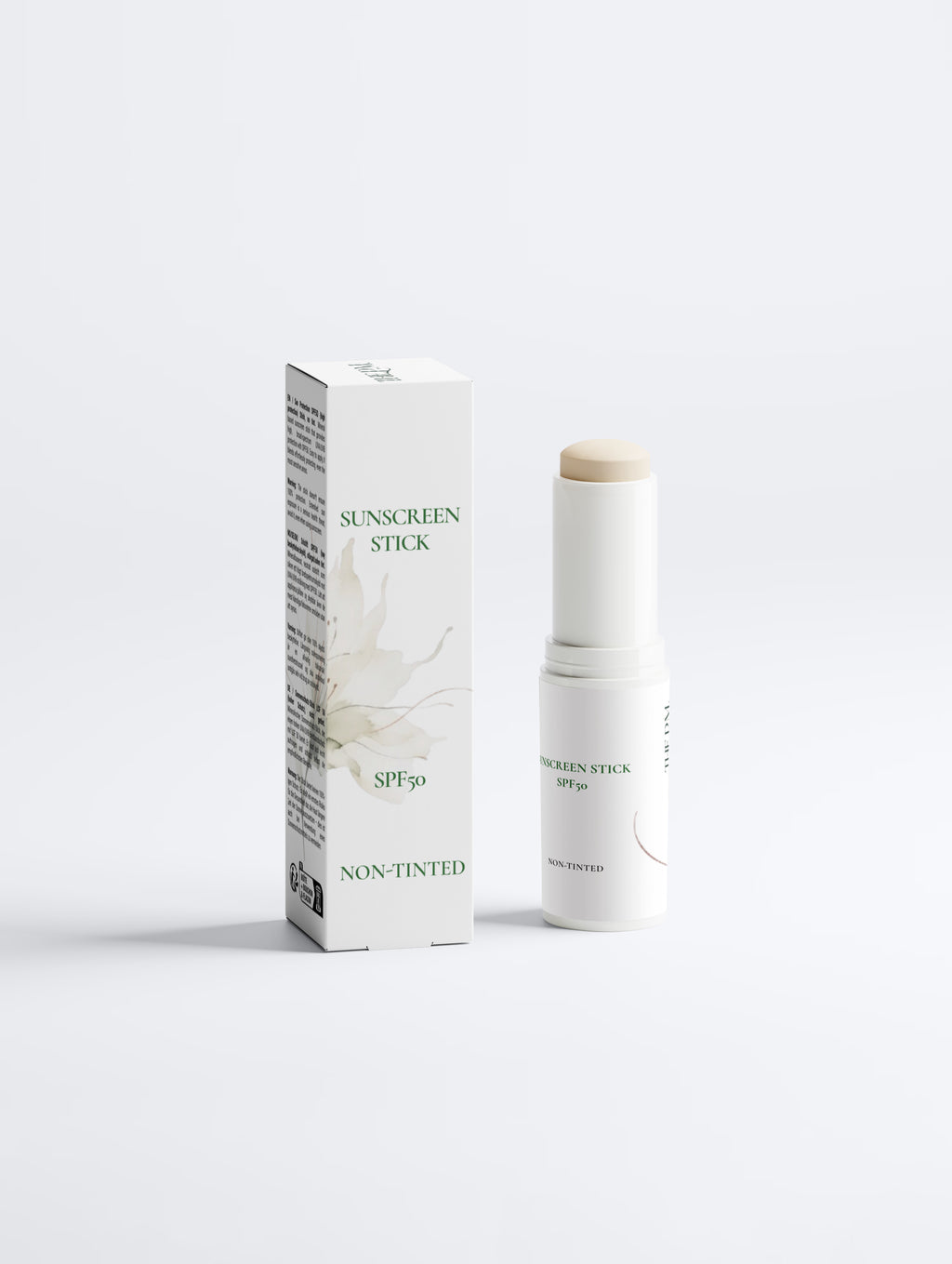 A non-tinted sunscreen stick with SPF 50 shown next to its white packaging box on a clean, light gray background.