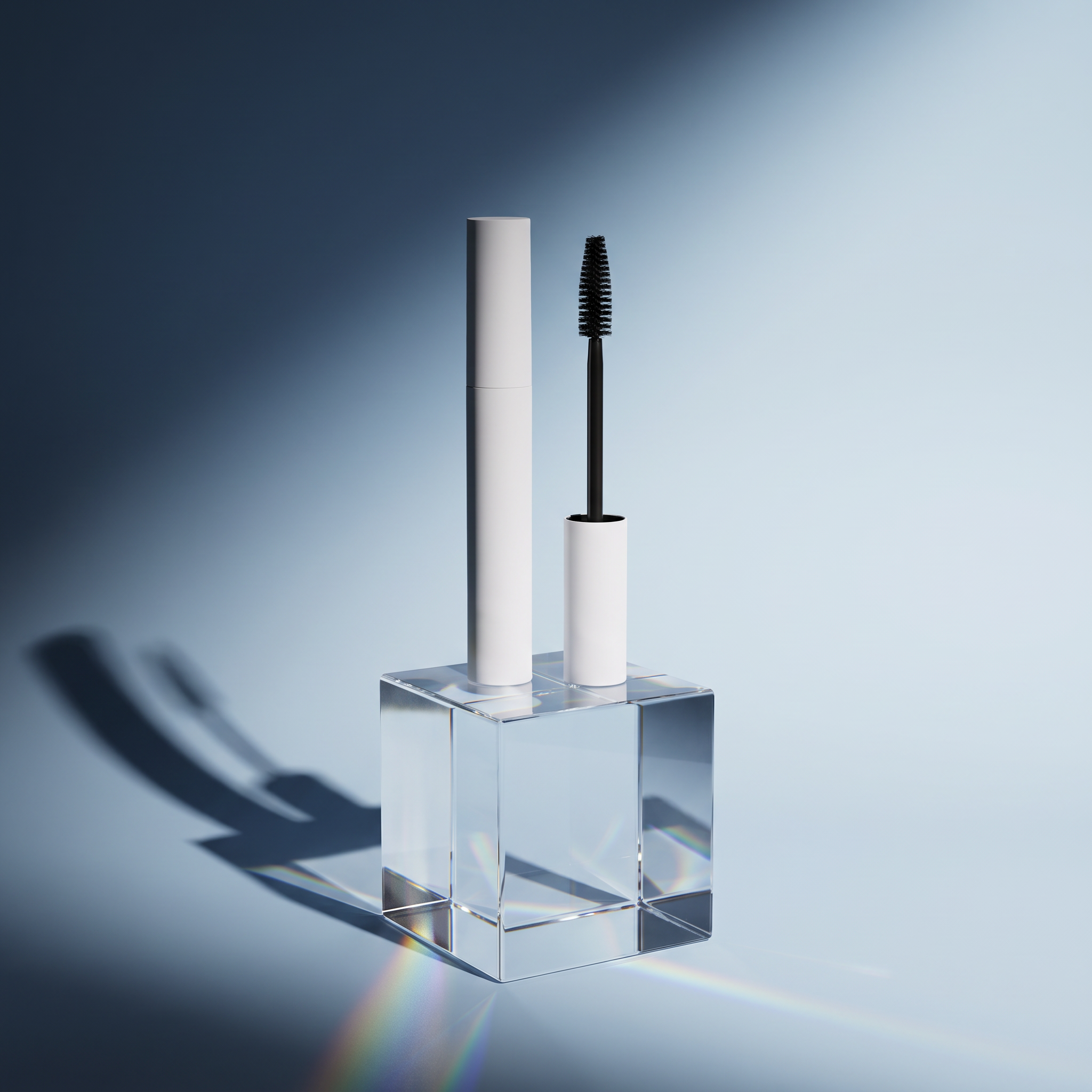 A white cosmetic tube and wand with a black brush are displayed upright in a clear acrylic cube on a blue gradient studio background with dramatic shadows and a small rainbow reflection.