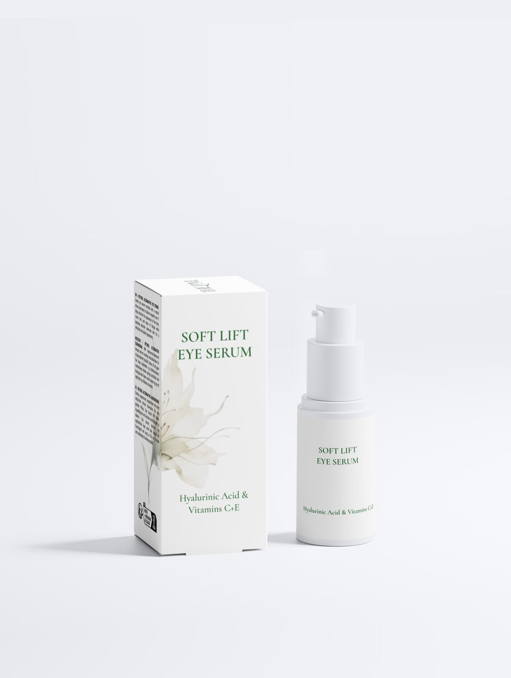 Soft Lift Eye Serum skincare set featuring a white pump bottle and its matching white packaging box with green text and a delicate floral illustration, set against a clean white background.