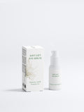 Soft Lift Eye Serum skincare set featuring a white pump bottle and its matching white packaging box with green text and a delicate floral illustration, set against a clean white background.