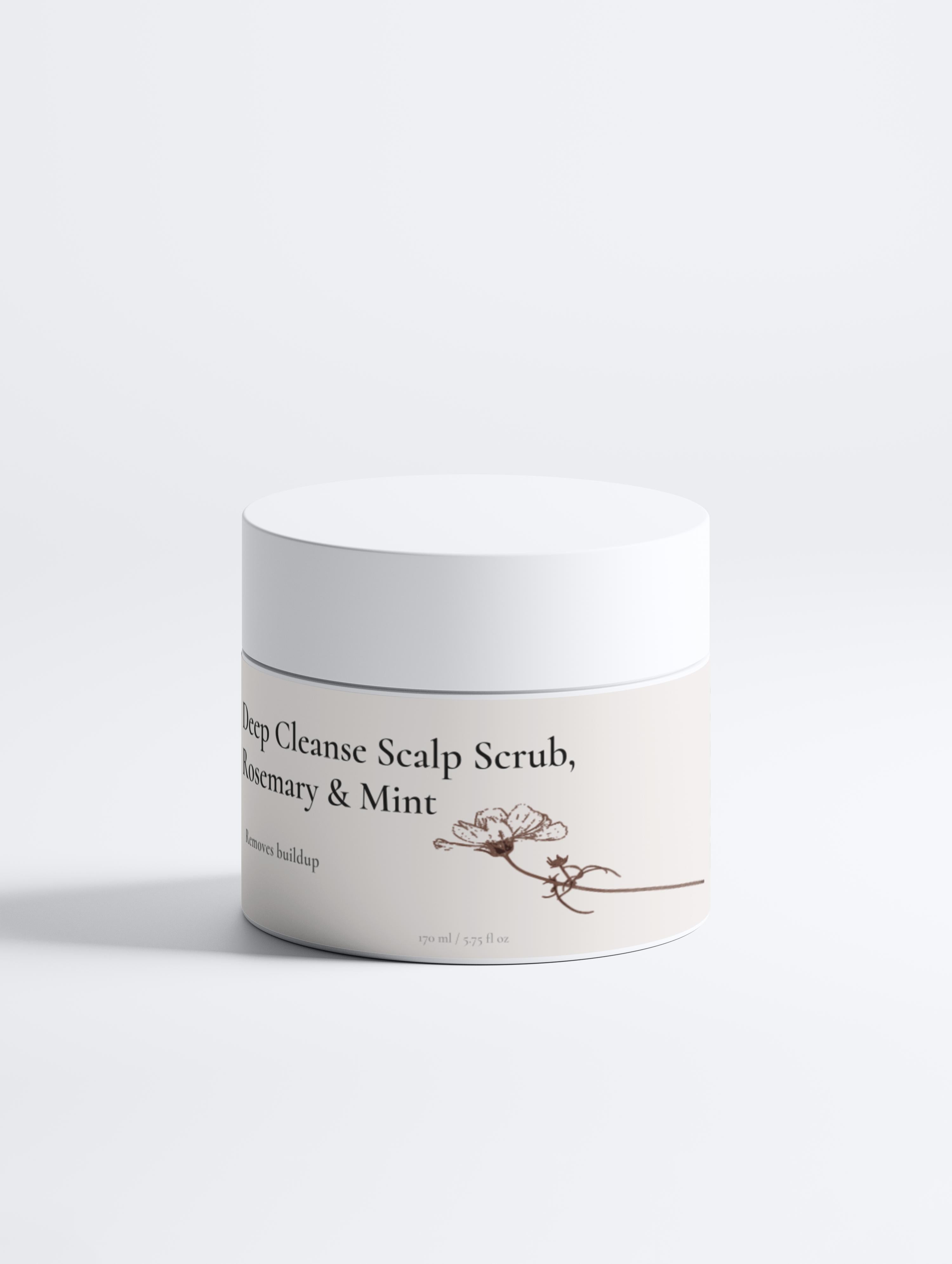 Jar of scalp scrub with text on a white background