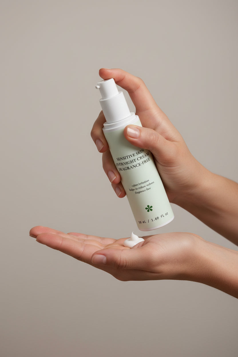 Hand holding a skincare product with a neutral background