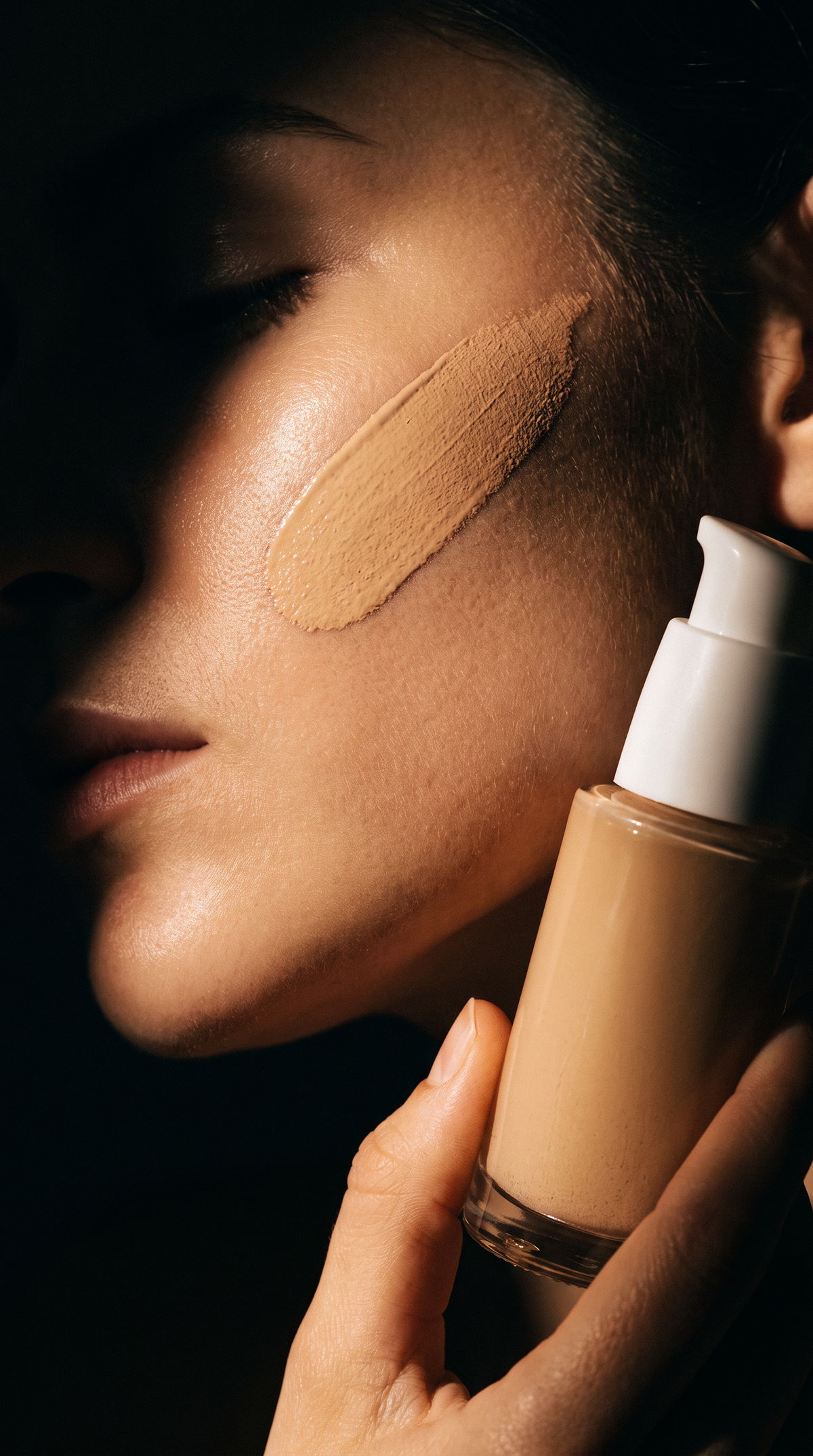 Chiaro-scuro, Close-up of a person's face with a swatch of liquid foundation on their cheek, holding a pump bottle of beige foundation against a dark background. THE P.M. skincare, tinted sunscreen.