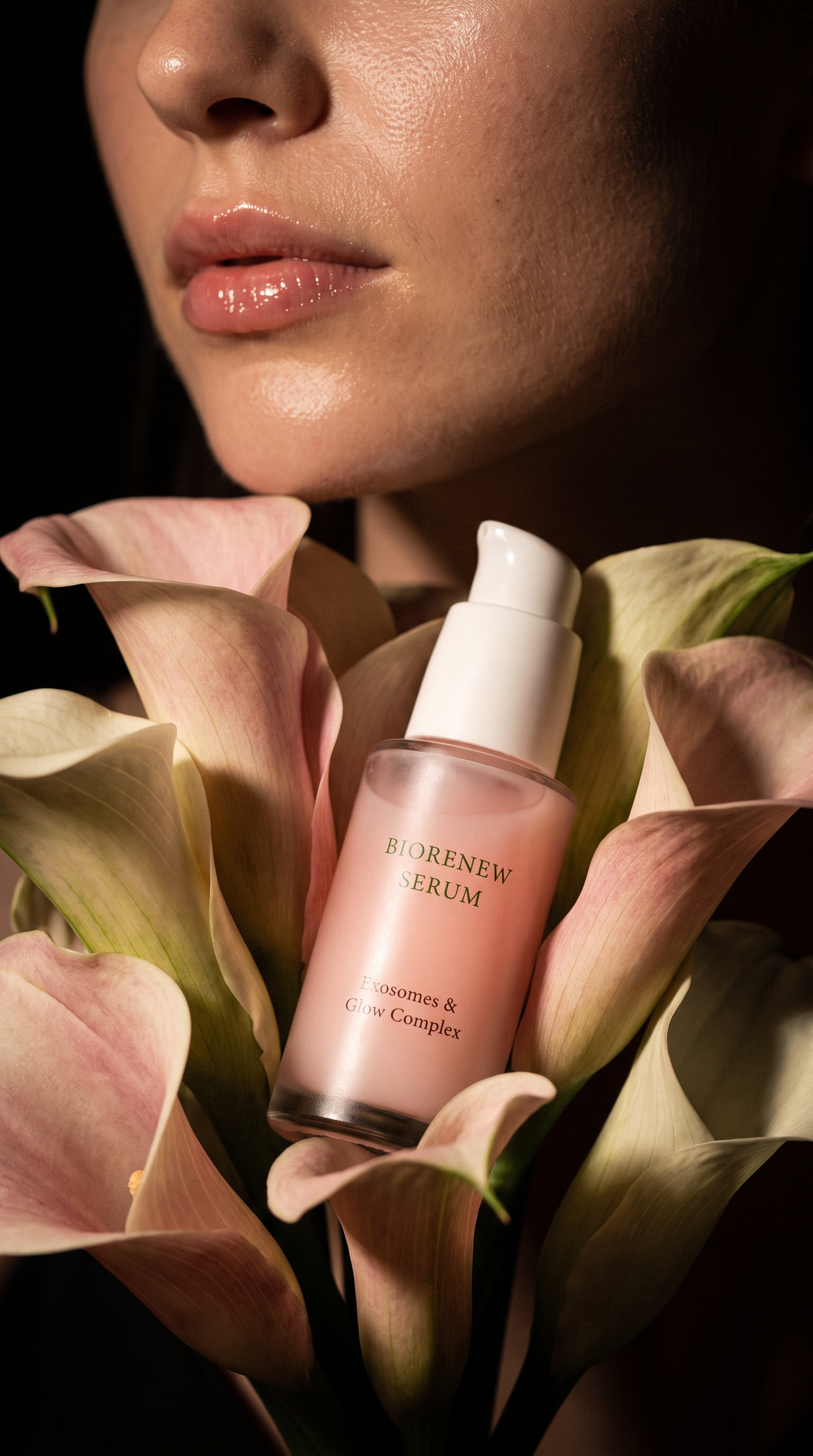 A close-up beauty shot of a woman's lower face and lips framed by pale pink calla lilies, with a pink serum bottle placed in the center of the flowers. The bottle label reads 'BIORENEW SERUM'.