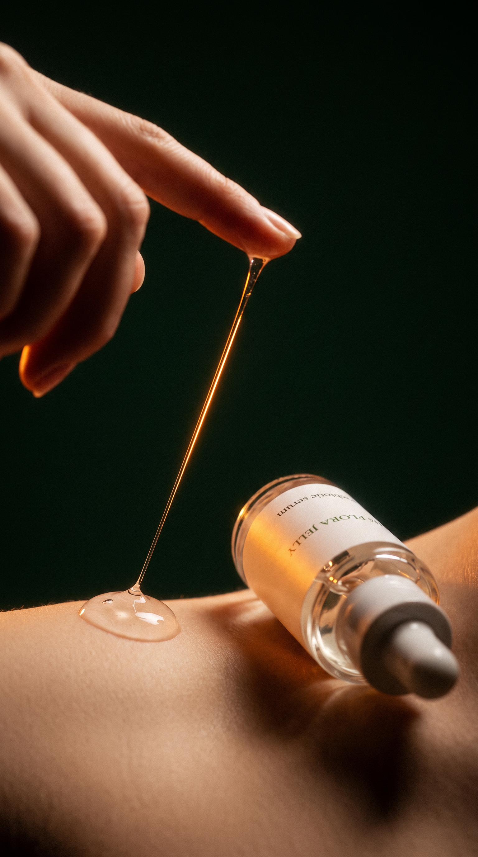 A close-up of a hand holding a glass dropper above a person's shoulder, with a golden oil being drawn up into the bottle. The clear droplet stretches between the fingers and the shoulder against a dark green background.