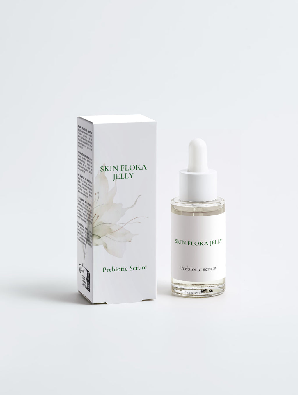 Skin Flora Jelly Prebiotic Serum shown with its white packaging box and clear glass dropper bottle on a light gray background.